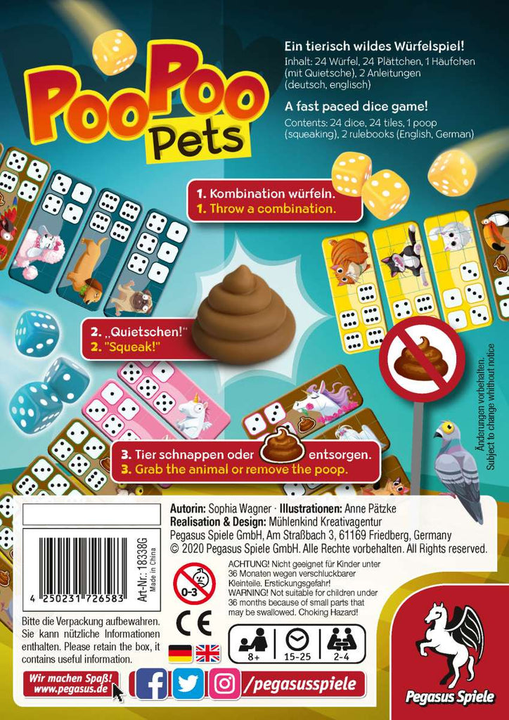 Pegasus Spiele Poo Poo Pets dice game box back with description