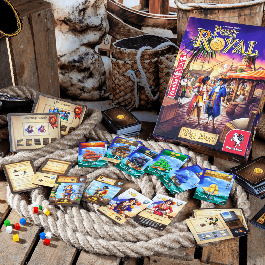 Pegasus Spiele Port Royal Big Box card game displayed with all the components on the ship