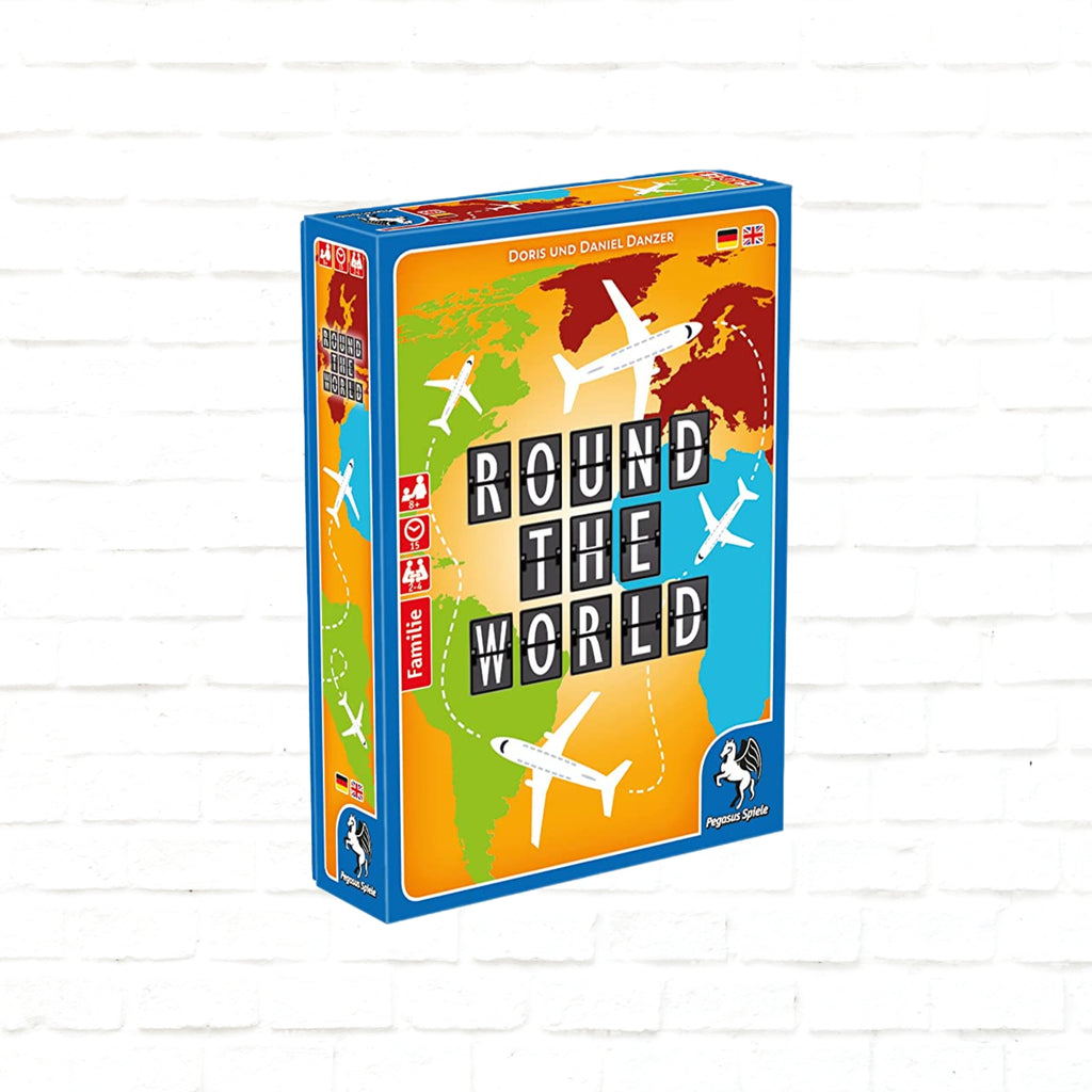 Pegasus Spiele Round the World English-German 3d cover of the card game for 2 to 4 players ages 8 and up with playing time 15 minutes