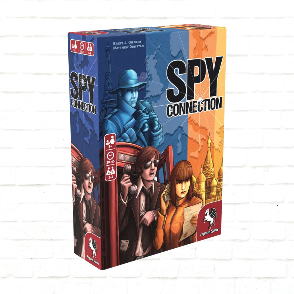 Pegasus Spiele Spy Connection English Edition 3d cover of the board game for 2 to 4 players ages 8 and up with playing time 30 to 45 minutes