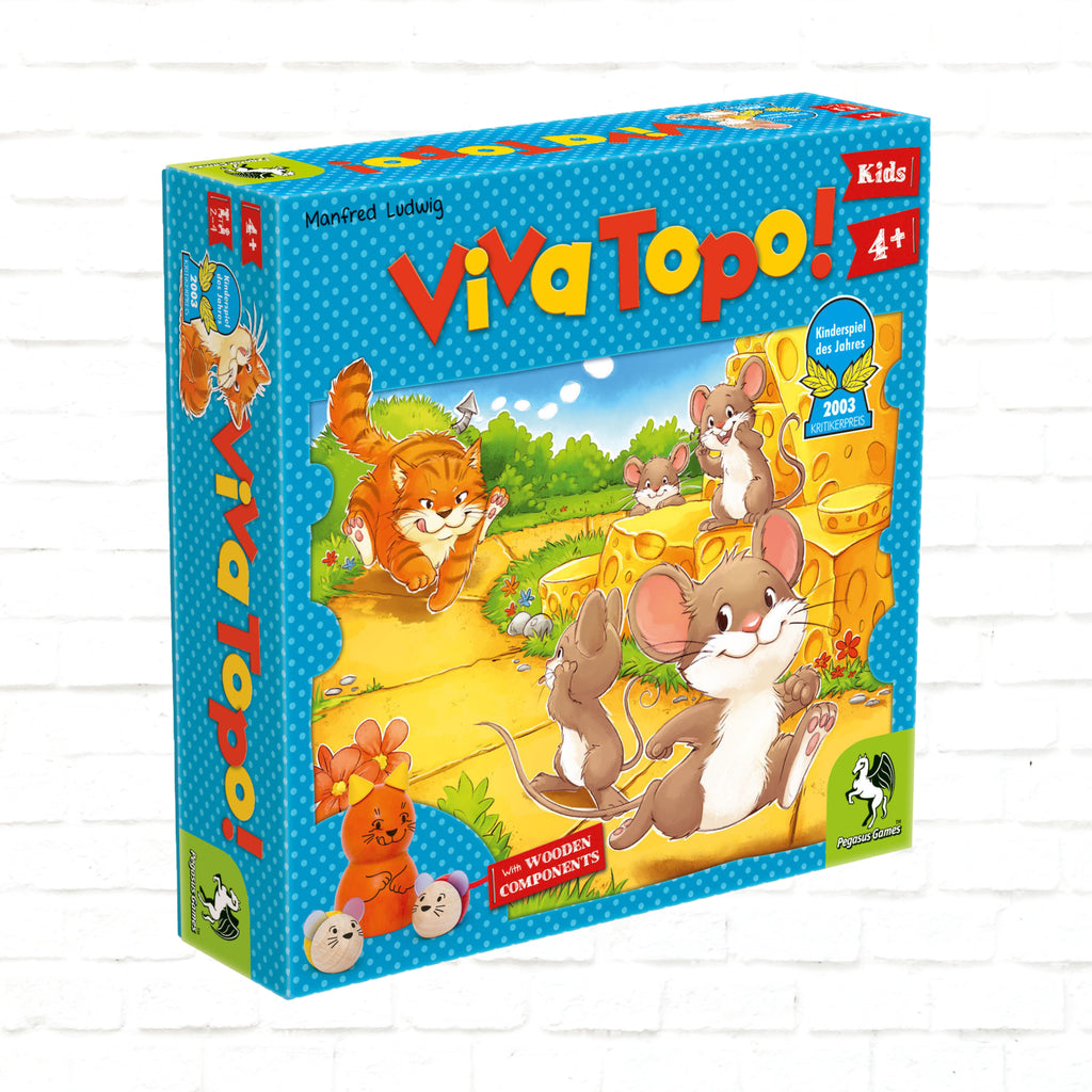 Pegasus Spiele Viva Topo! English Edition 3d cover of the board game for 2 to 4 players ages 4 and up with playing time 20 to 30 minutes