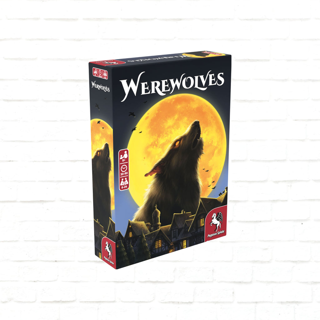 Pegasus Spiele Werewolves New English Edition 3d cover of the card game for 6 to 24 players ages 8 and up with playing time 30 to 90 minutes