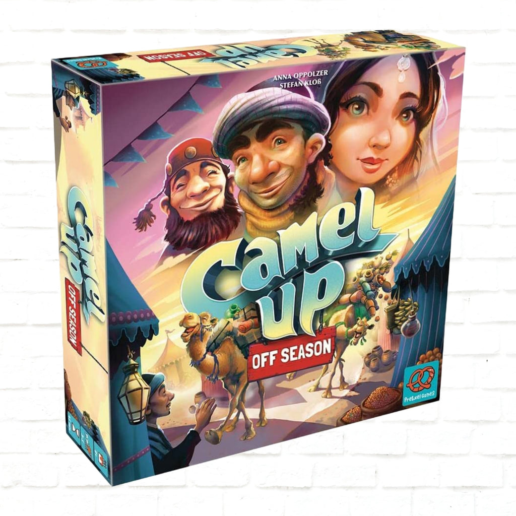 Pretzel Games Camel Up Off Season English Edition 3d cover of board game for 3 to 5 players ages 8 and up playing time 45 minutes