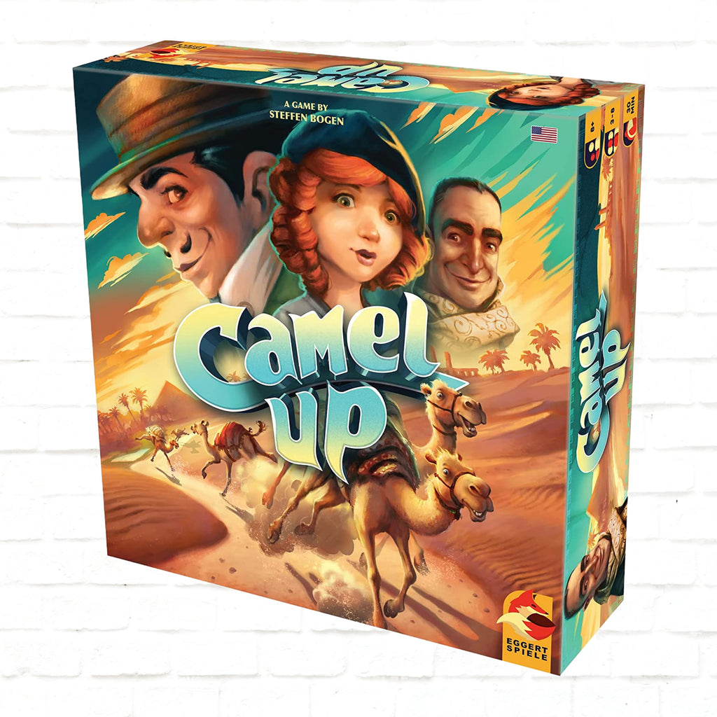 Pretzel Games Camel Up Second Edition English Edition 3d cover of board game for 3 to 8 players ages 8 and up playing time 30 to 45 minutes