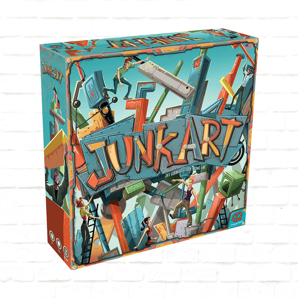 Pretzel Games Junk Art 3.0 English Edition 3d cover of board game for 2 to 6 players ages 8 and up playing time 30 minutes