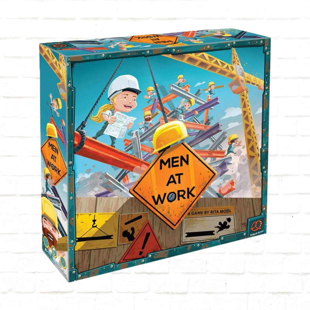 Pretzel Games Men at Work English Edition 3d cover of board game for 3 to 5 players ages 8 and up playing time 30 to 45 minutes