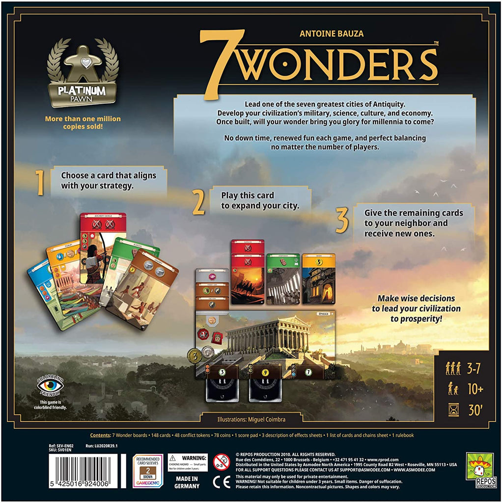 7 wonders board game back of the box with instructions and description