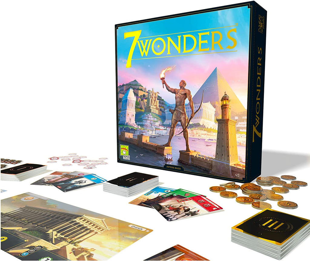 7 wonders box cards from three eras and coins