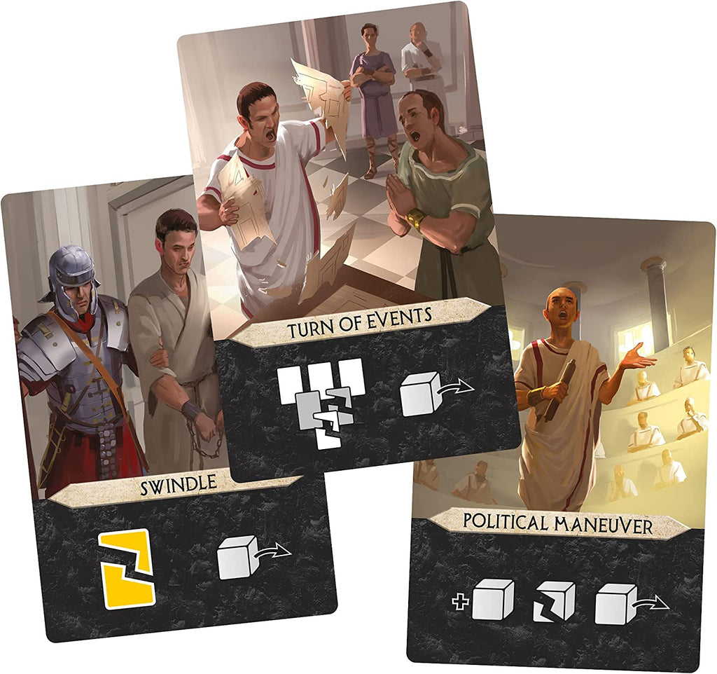 Repos Production 7 Wonders Duel Agora Expansion card game swindle, turn of events and political maneuver cards