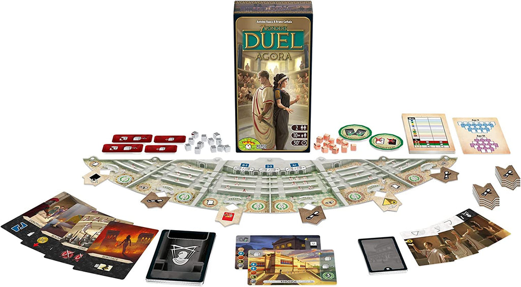 Repos Production 7 Wonders Duel Agora Expansion card game contents of new cards tokens score sheet boards  and markers