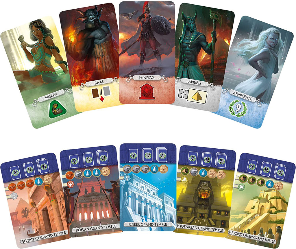 Repos Production 7 Wonders Duel Pantheon Expansion card game minerva anubis aphrodite baal and nisaba gods plus temple cards