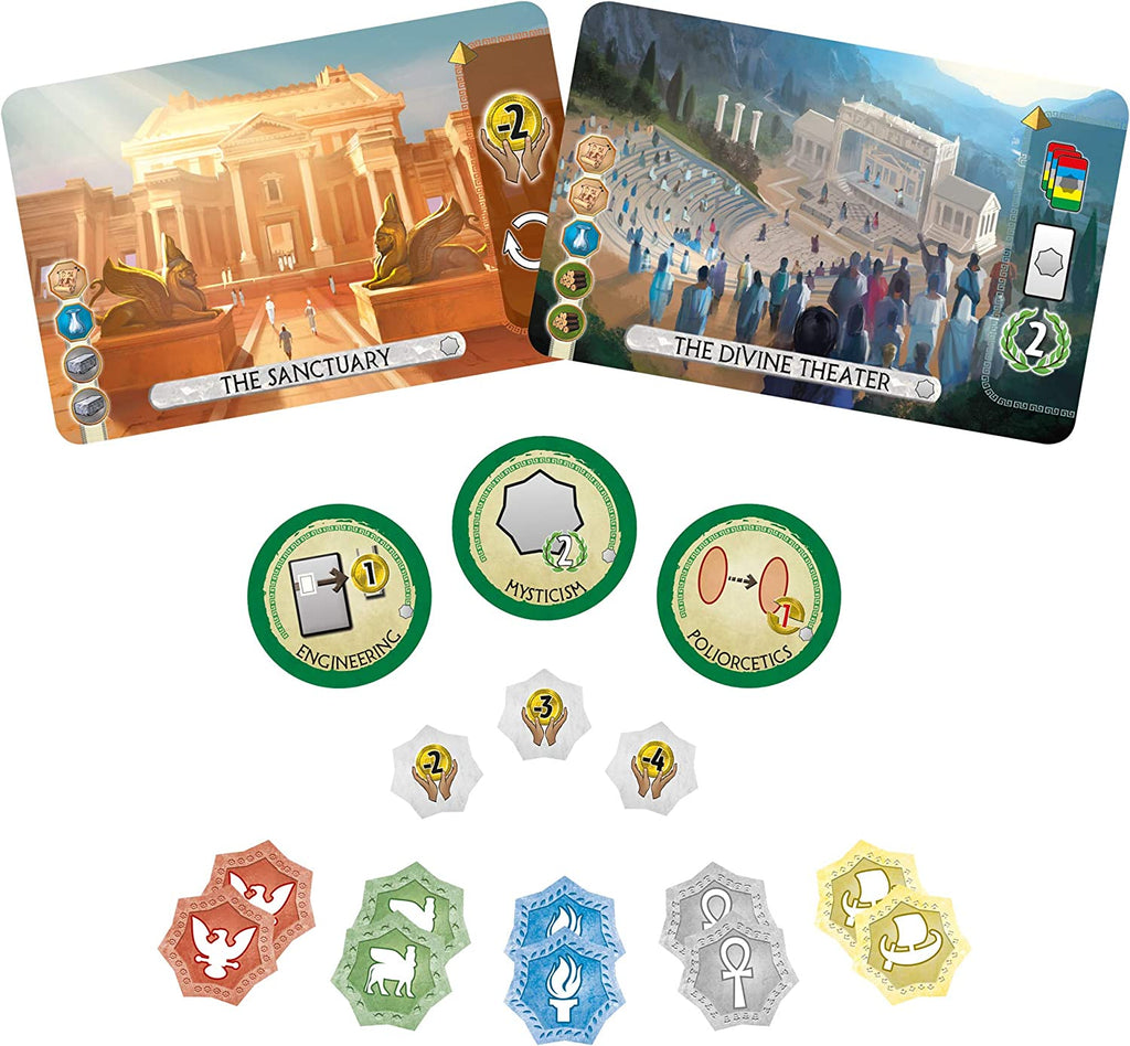 Repos Production 7 Wonders Duel Pantheon Expansion card game the sanctuary and divine theater cards new science tokens