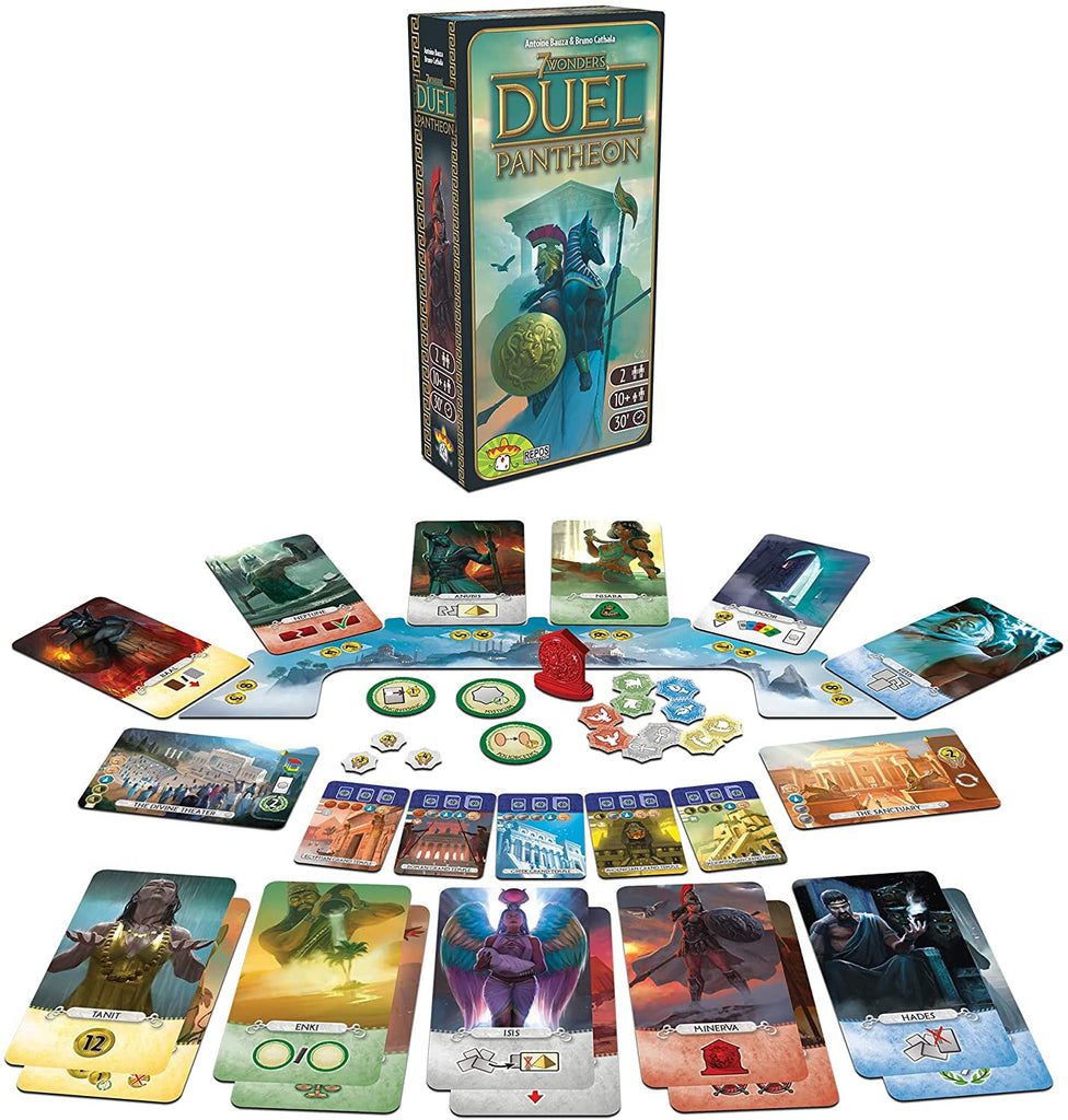 Repos Production 7 Wonders Duel Pantheon Expansion card game contents of new god cards tokens and markers plus game boards