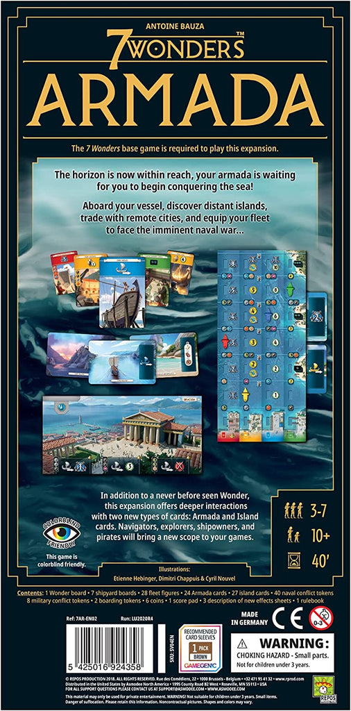 Repos Production 7 Wonders 2nd edition Armada Expansion card game 2d box back description