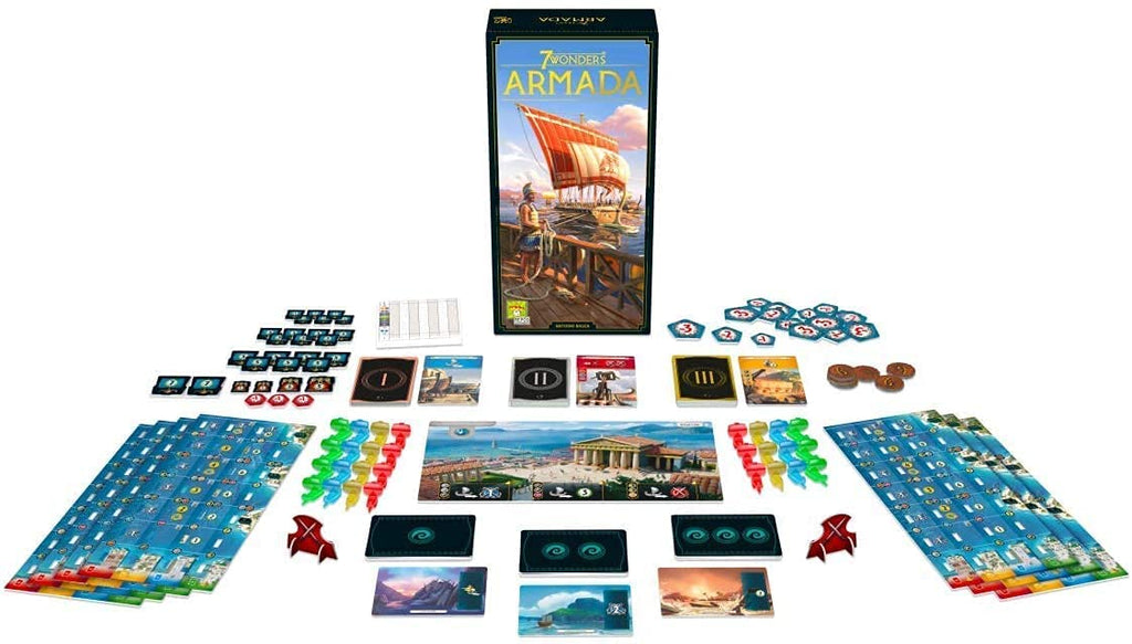 Repos Production 7 Wonders Armada Expansion card game contents with player boards markers & tokens and cards displayed