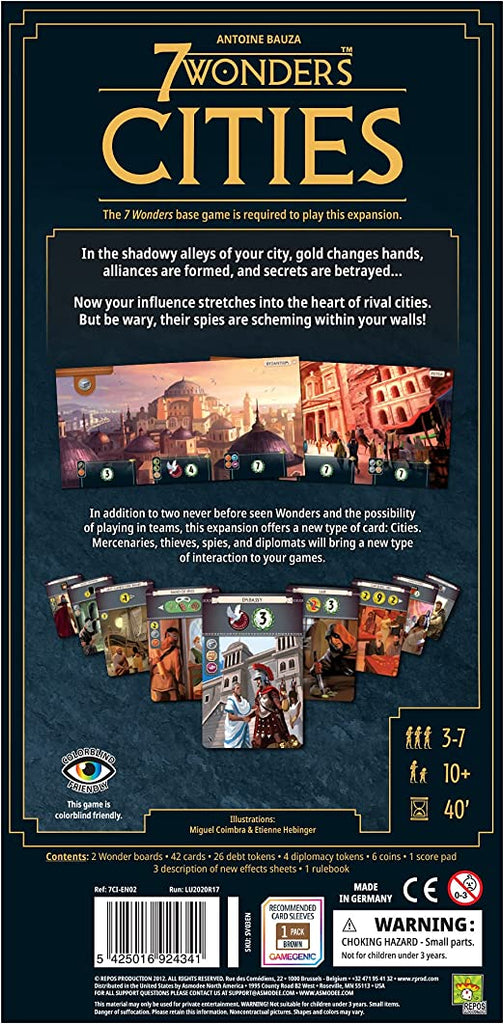 Repos Production 7 Wonders 2nd Edition Cities Expansion Board game 2d box back description