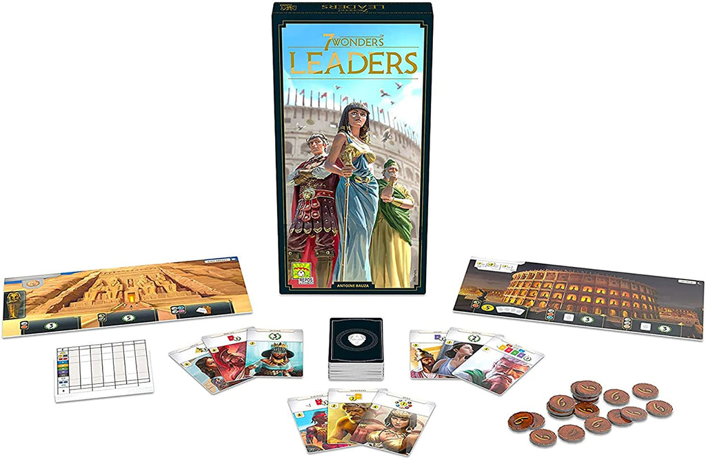 Repos Production 7 Wonders Leaders Expansion card game contents presentation with cards player boards and scoring sheets displayed
