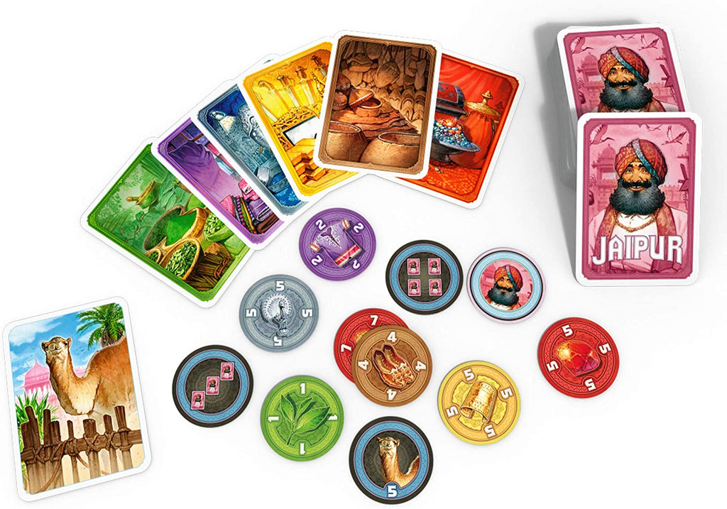 Space Cowboys Jaipur 2nd Edition card game cards and tokens presentation 