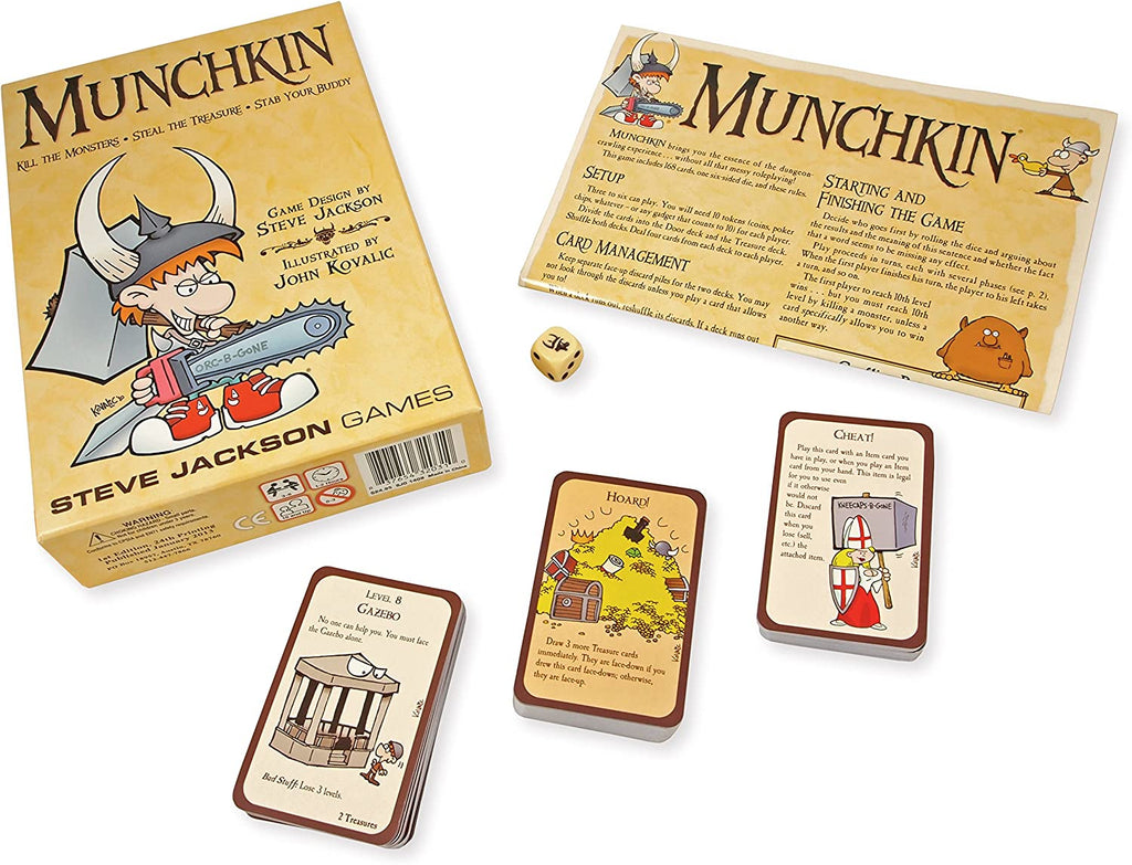 Steve Jackson Games Munchkin card game rules, a die and three deck of cards