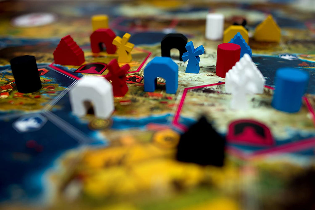 Stonemaier Games Scythe board game English Edition gameplay in action with wooden figurines displayed