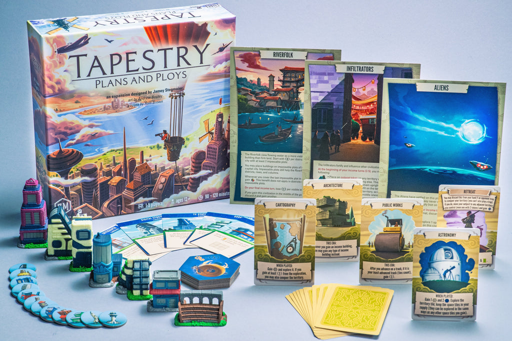 Stonemaier Games Tapestry Plans and Ploys board game Expansion English Edition game contents displayed