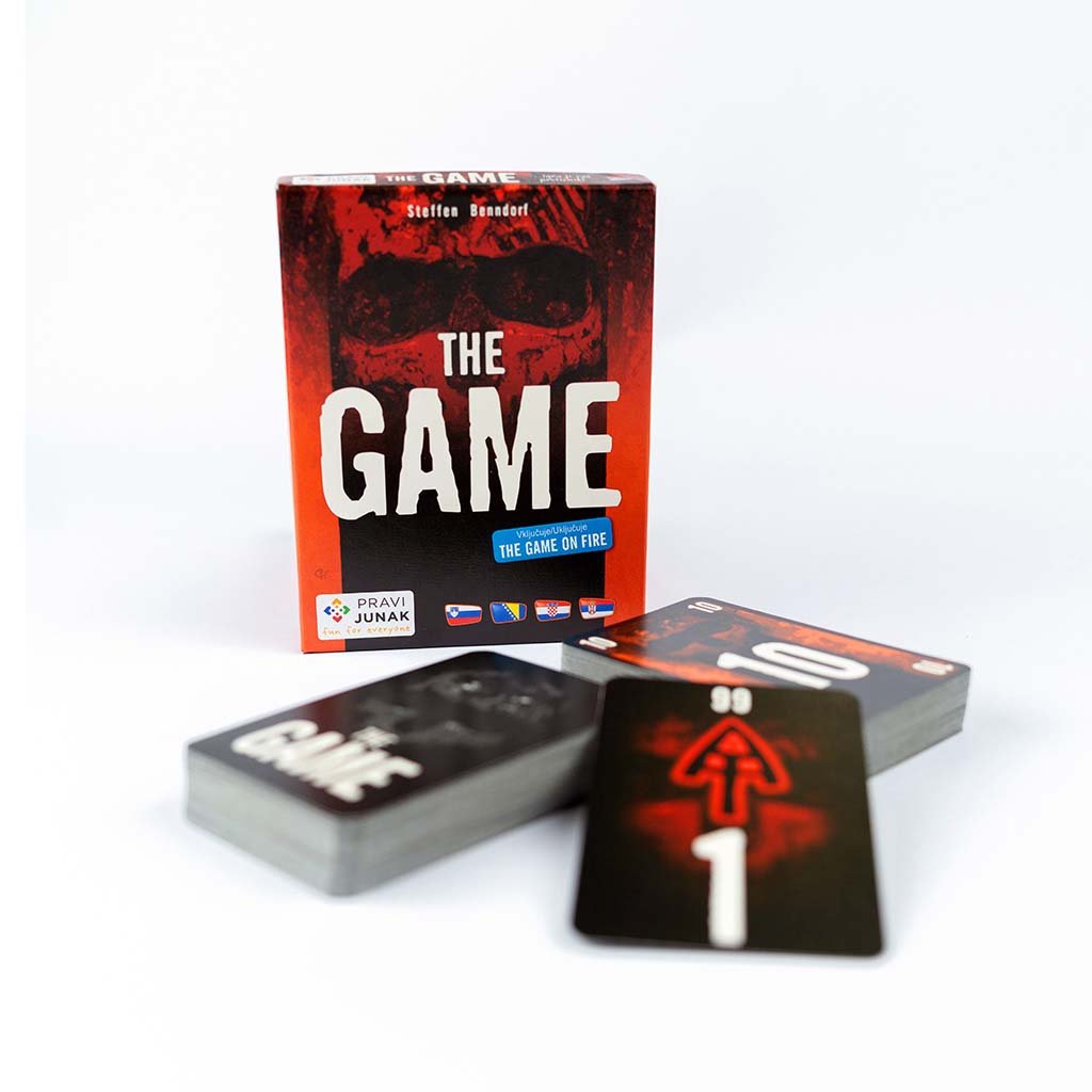 Pravi Junak The Game card game cover with arrow cards numbered from 1 to 99 and 2 decks of cards with number 10 on top