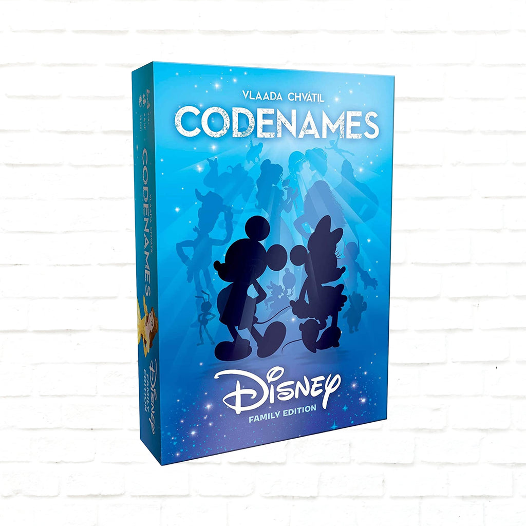 USAOPOLY Codenames Disney Family Edition English Edition 3d cover of a card game for 2/4 to 8+ players ages 8 and up playing time 15 minutes