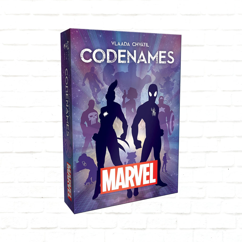 USAOPOLY Codenames Marvel English Edition 3d cover of a card game for 2/4 to 8+ players ages 9 and up playing time 15 minutes