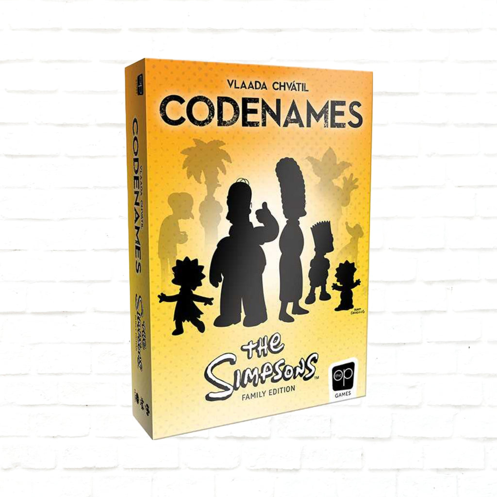 USAOPOLY Codenames The Simpsons Family Edition English Edition 3d cover of a card game for 2/4 to 8+ players ages 8 and up playing time 15 minutes
