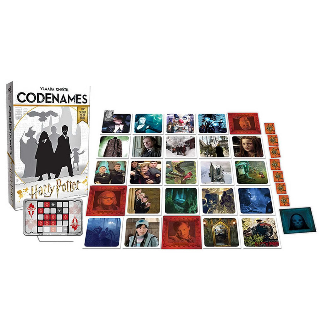 USAOPOLY Codenames Harry Potter card game contents with cards box cover and assassin displayed