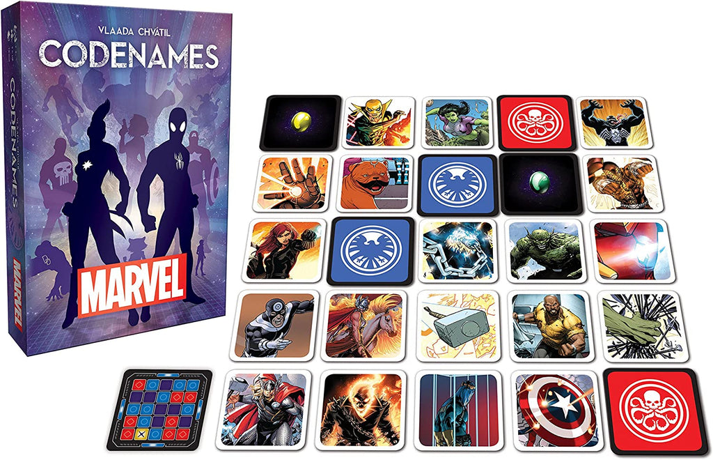 USAOPOLY Codenames Marvel card game contents with Marvel characters  displayed in a 5x5 grid