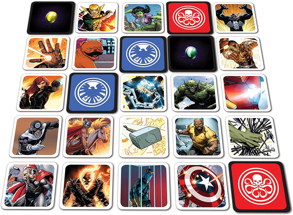 USAOPOLY Codenames Marvel character cards set up and ready for gameplay