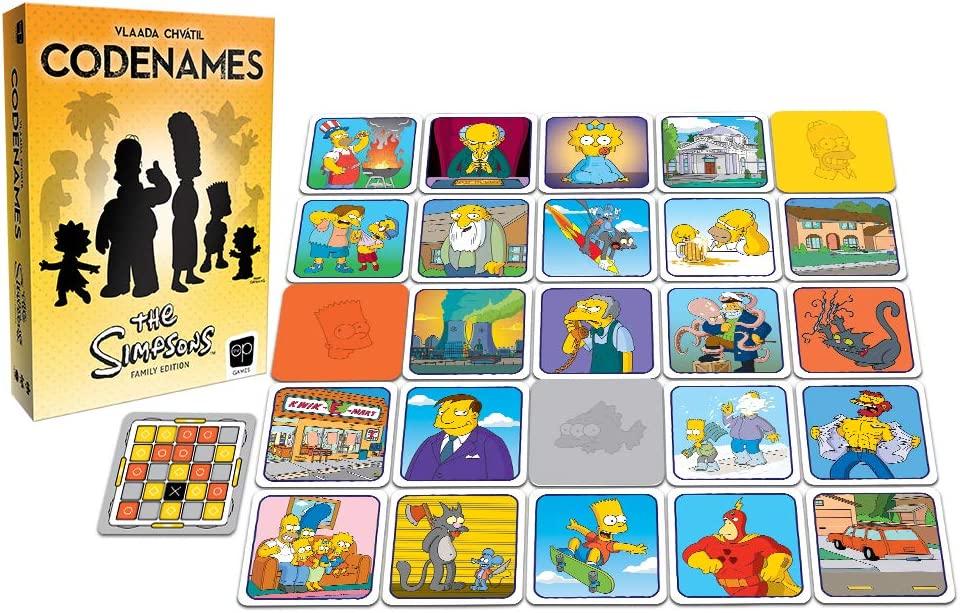 USAOPOLY Codenames The Simpsons Family Edition card game contents with cover box and character cards displayed in 5x5 grid