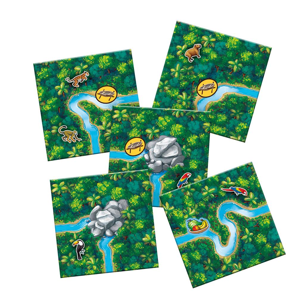 Z-Man Games Carcassonne Amazonas Edition river tiles with boats and animals illustrations