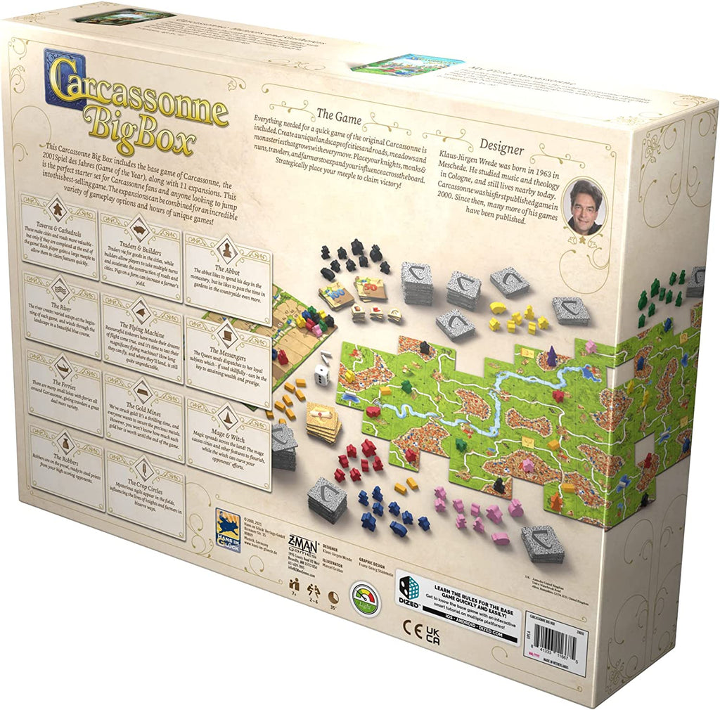 Z-Man Games Carcassonne Big Box New Edition English Edition box back of board game for 2 to 6 players ages 7 and up with 35 minutes of playing time