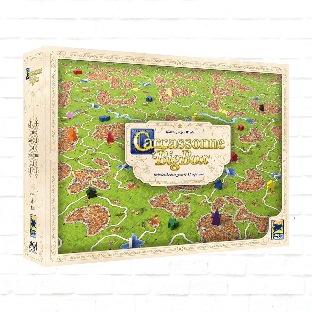 Z-Man Games Carcassonne Big Box New Edition English Edition 3d cover of board game for 2 to 6 players ages 7 and up with 35 minutes of playing time