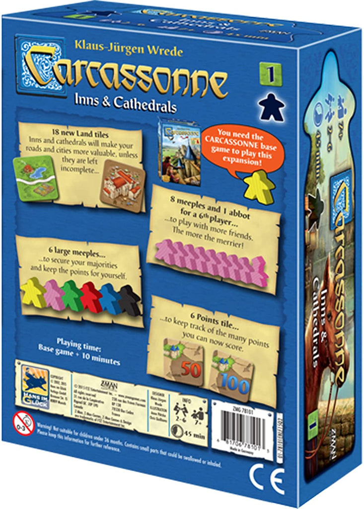 Z-Man Games Carcassonne #1 Inns & Cathedrals expansion board game back box of English edition