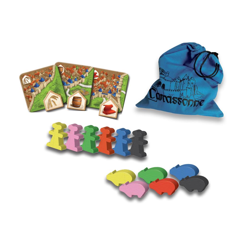 Z-Man Games Carcassonne #2 Traders and Builders expansion all content included in the expansion with pig meeples builder meeples tiles and a bag