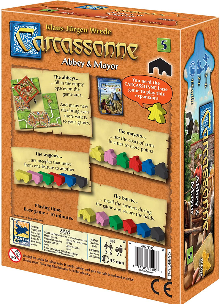 Z-Man Games Carcassonne #5 Abbey and Mayor board game expansion box back with description 