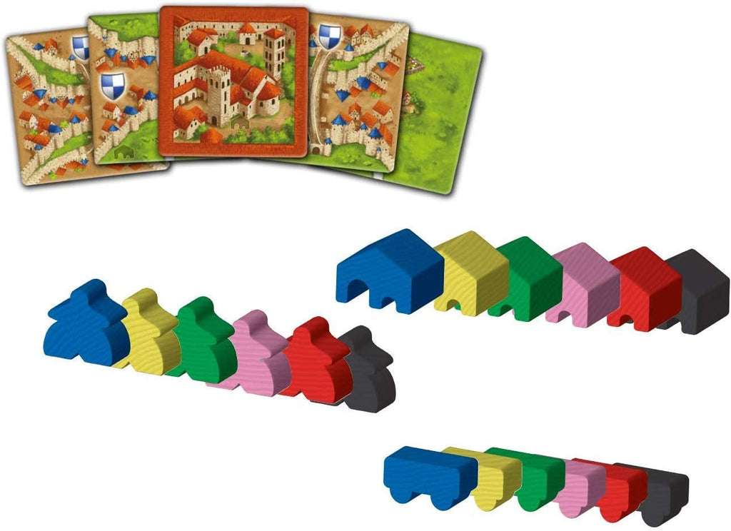 Z-Man Games Carcassonne #5 Abbey and Mayor board game expansion components included with new tiles and meeples in six colors