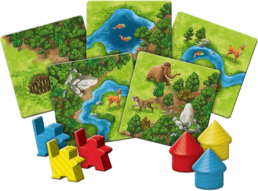 Z-Man Games Carcassonne Hunters and Gatherers board game contents of gatherer meeples camps and tiles