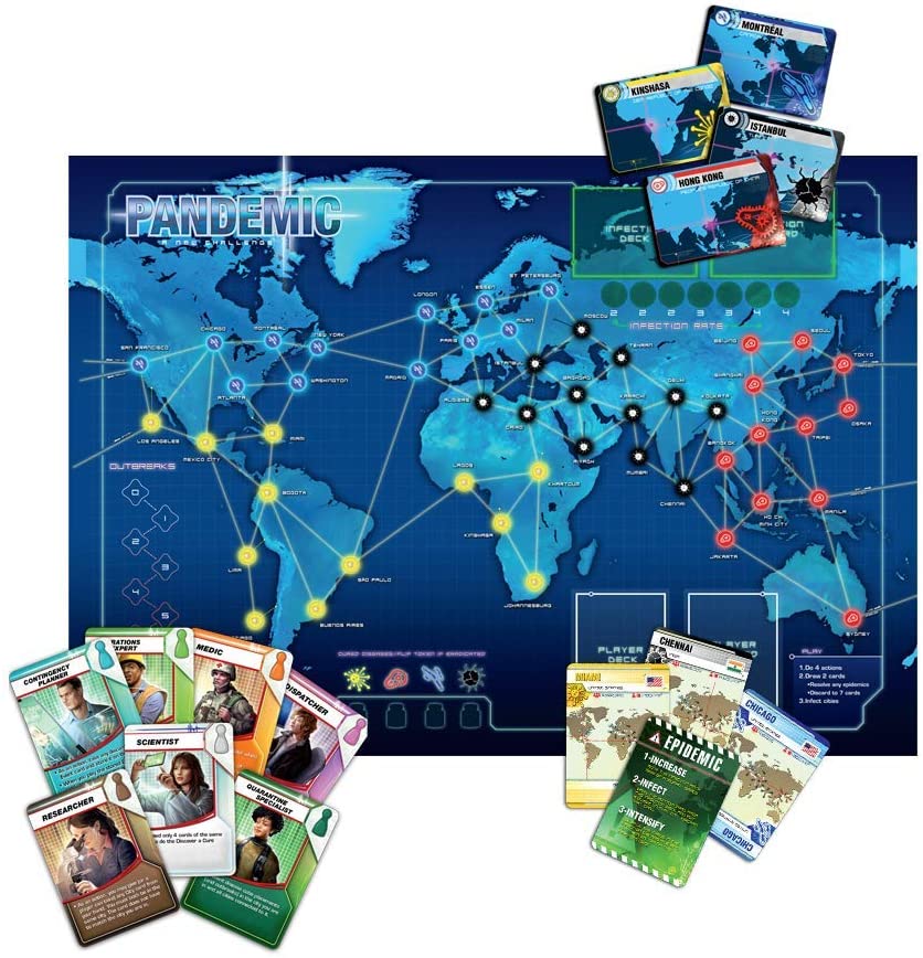 Z-Man Games Pandemic board game contents with character cards city cards
