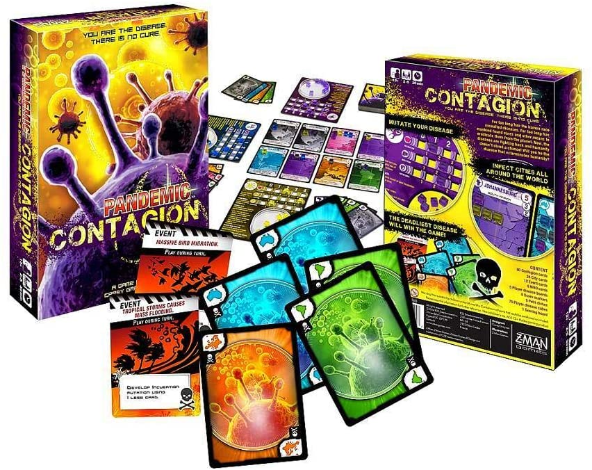 Z-Man Games Pandemic Contagion contents of board game with cards presented