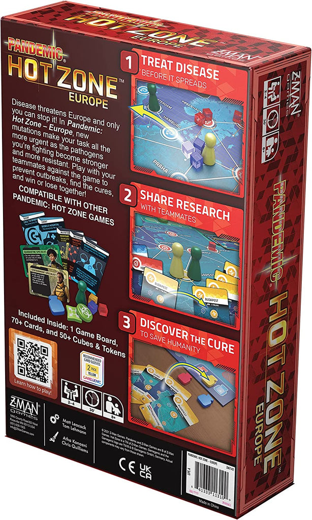 Z-Man Games Pandemic Hot Zone Europe board game box back of English edition