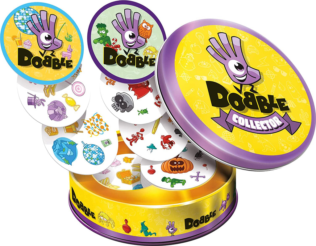 Asmodee Dobble 10th Anniversary Collector card game opened tin box with cards flying out of it