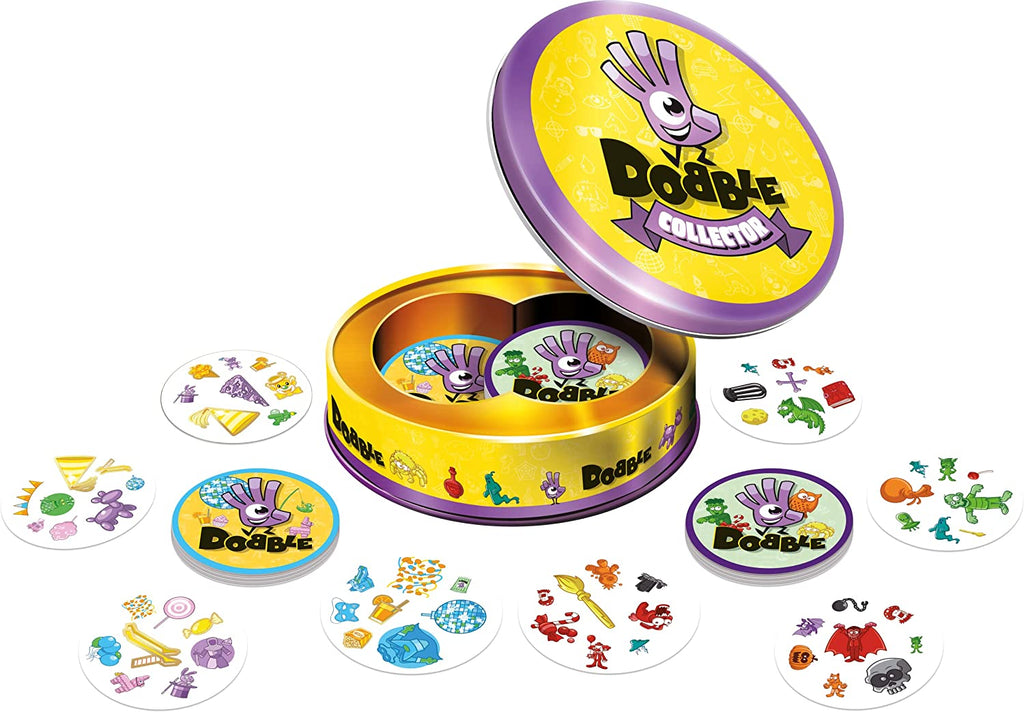 Asmodee Dobble 10th Anniversary Collector card game opened tin box with fiesta and spooky deck of cards displayed
