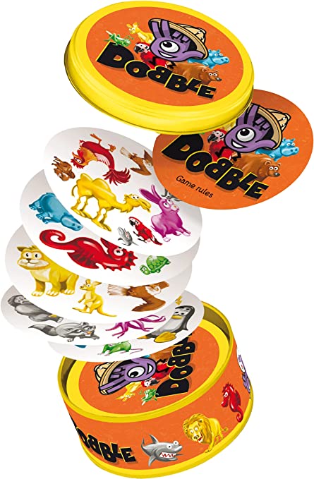 Zygomatic Dobble Animals card game cards flying from tin box