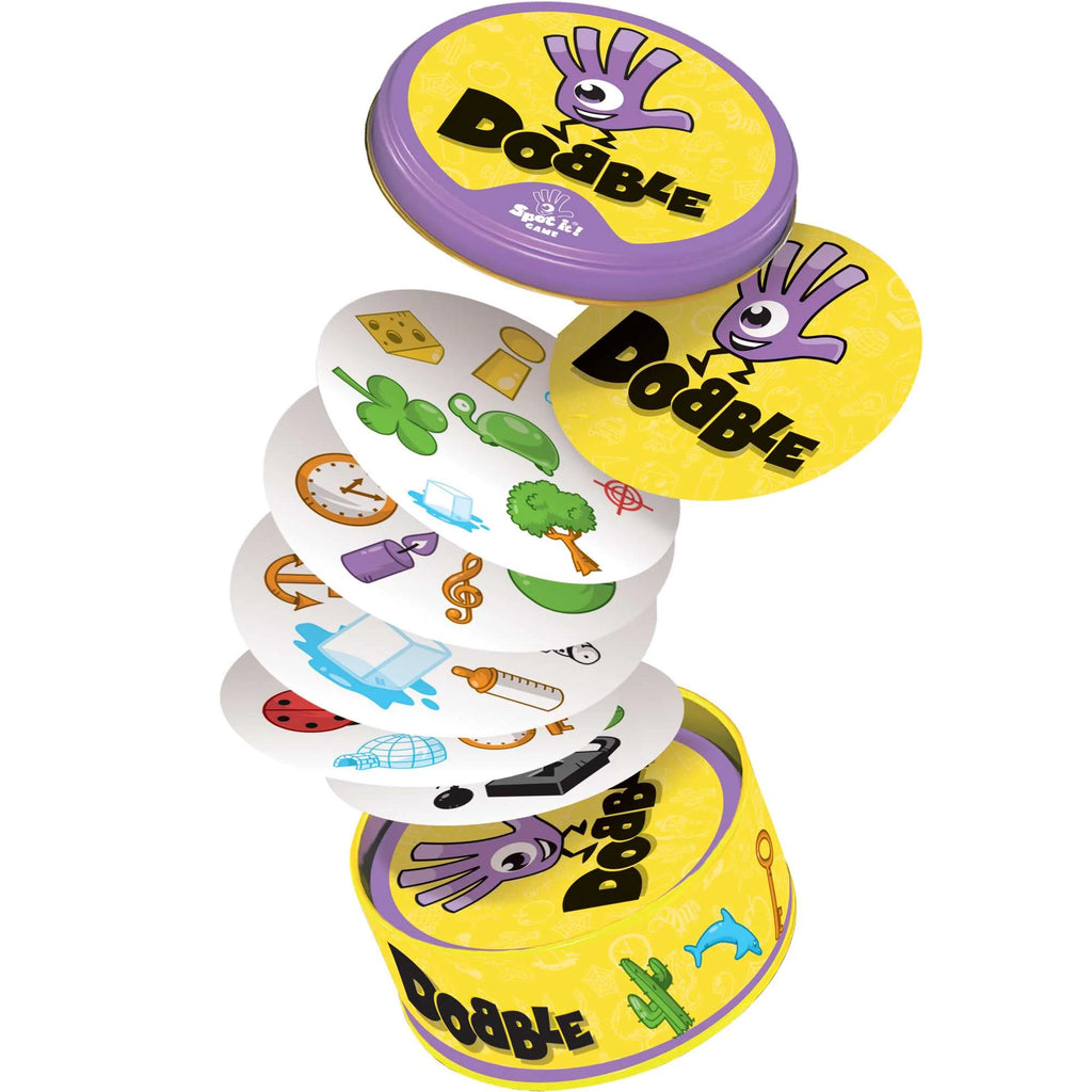 dobble card game cards flying from tin box