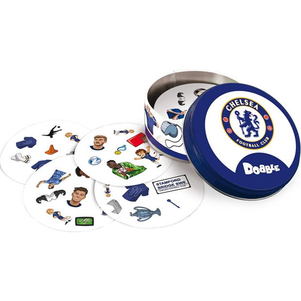 Asmodee Dobble Chelsea Football Club card game tin box opened