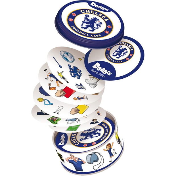 Asmodee Dobble Chelsea Football Club card game cards flying out of tin box